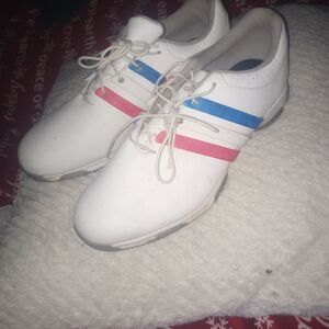 White Sneakers with Blue and Pink Stripe-Golf Shoes For Women